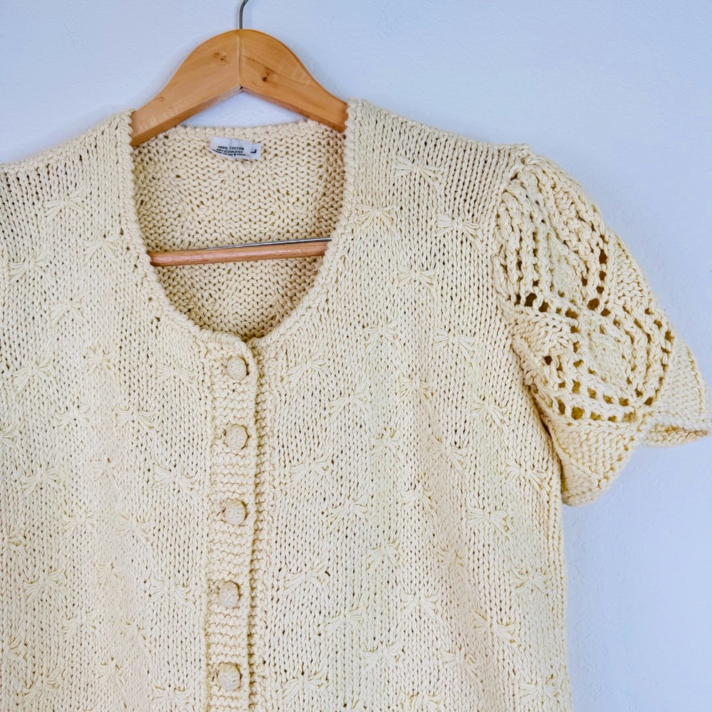 French Countryside Charm Butter Yellow Knit Cardigan Sweater Bows Vintage - Picture 4 of 13